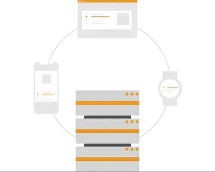 Icon of a cell phone and tablet connected by a server. Transmission of information on mobile devices